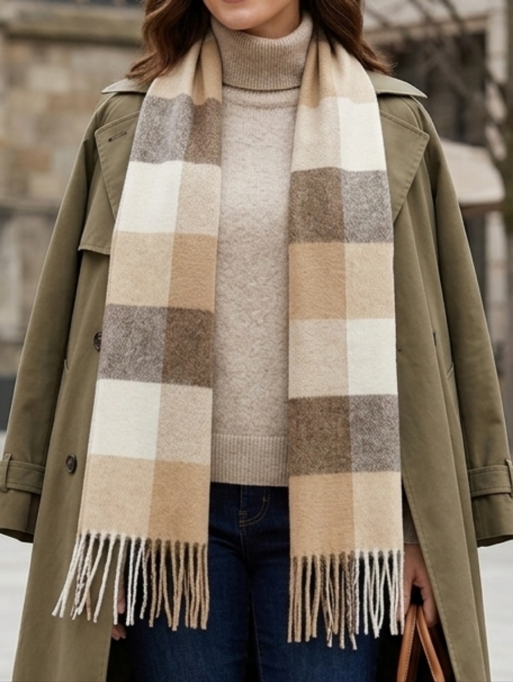 Simply Natural Designs 100% Baby Alpaca Scarf - Neutral Plaid - 58" x 12" - Soft